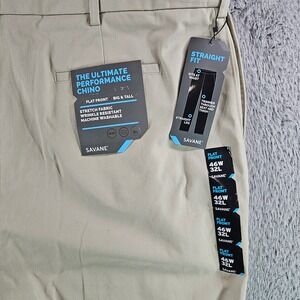 NEW Savane Mens 46x32 Ultimate Performance Chino Pants Khaki Straight Flat Front